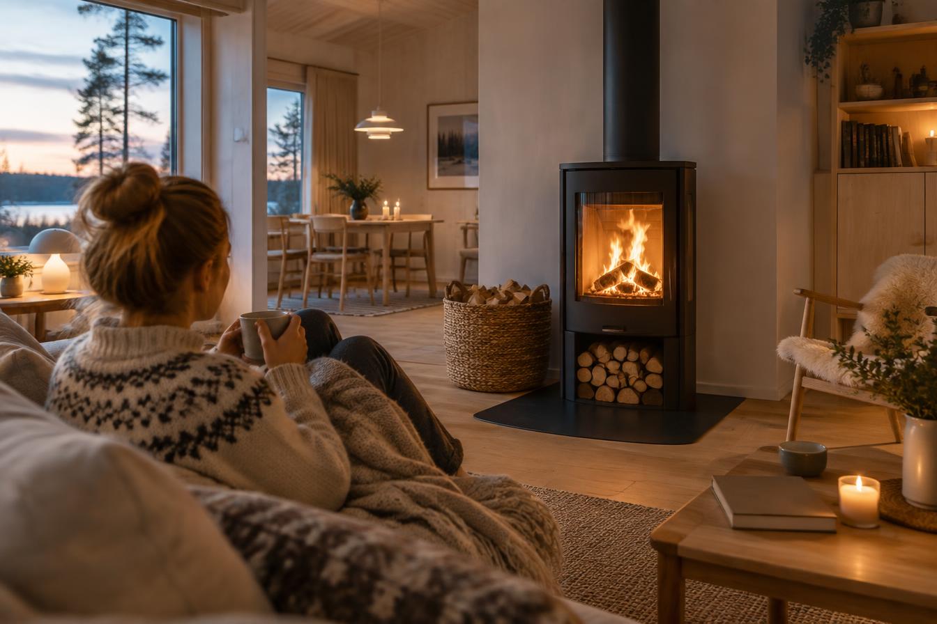 Tänd braskamin i ett ljust svenskt hem